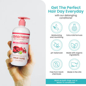 Little Twig conditioner being dispensed from pump demonstrating easy one-handed use