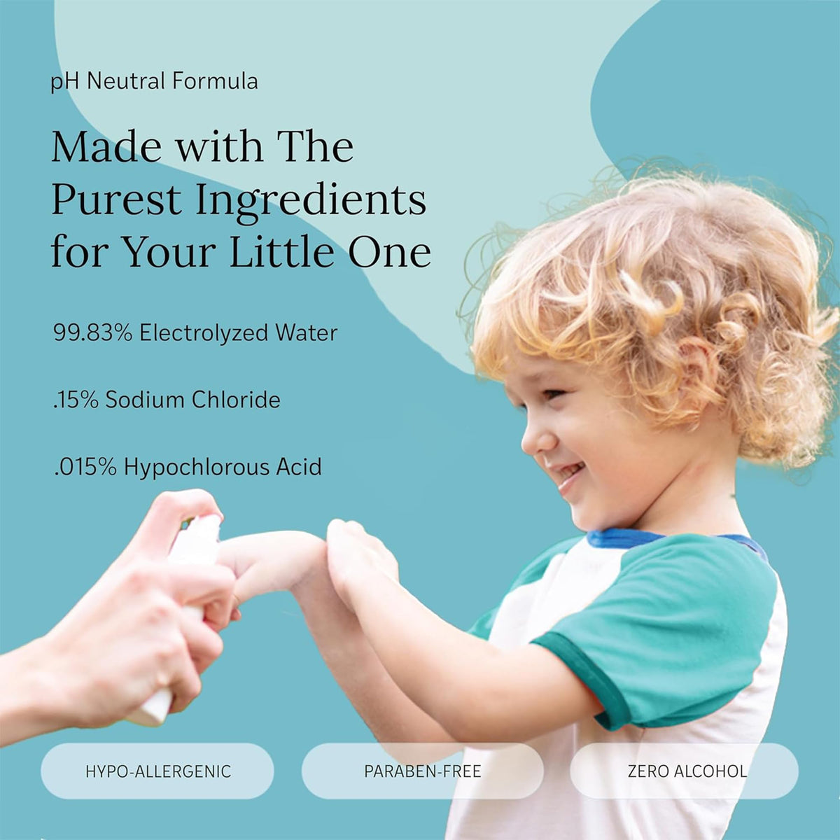 LITTLEY being misted onto child's hands for quick clean on the go