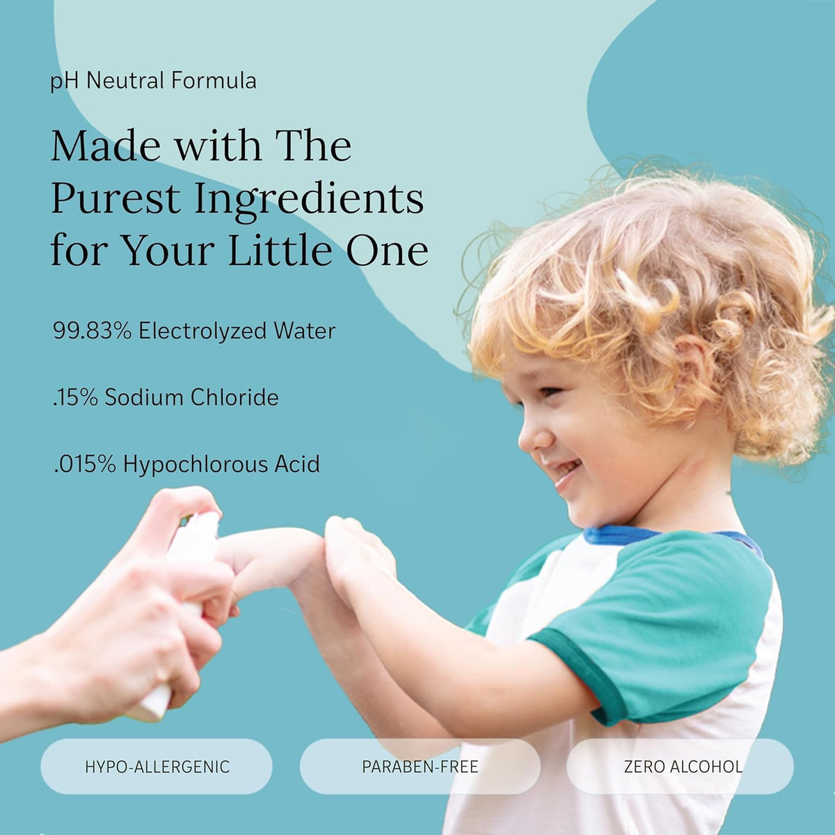 Parent spraying LITTLEY on baby's hands illustrating quick clean without rinsing