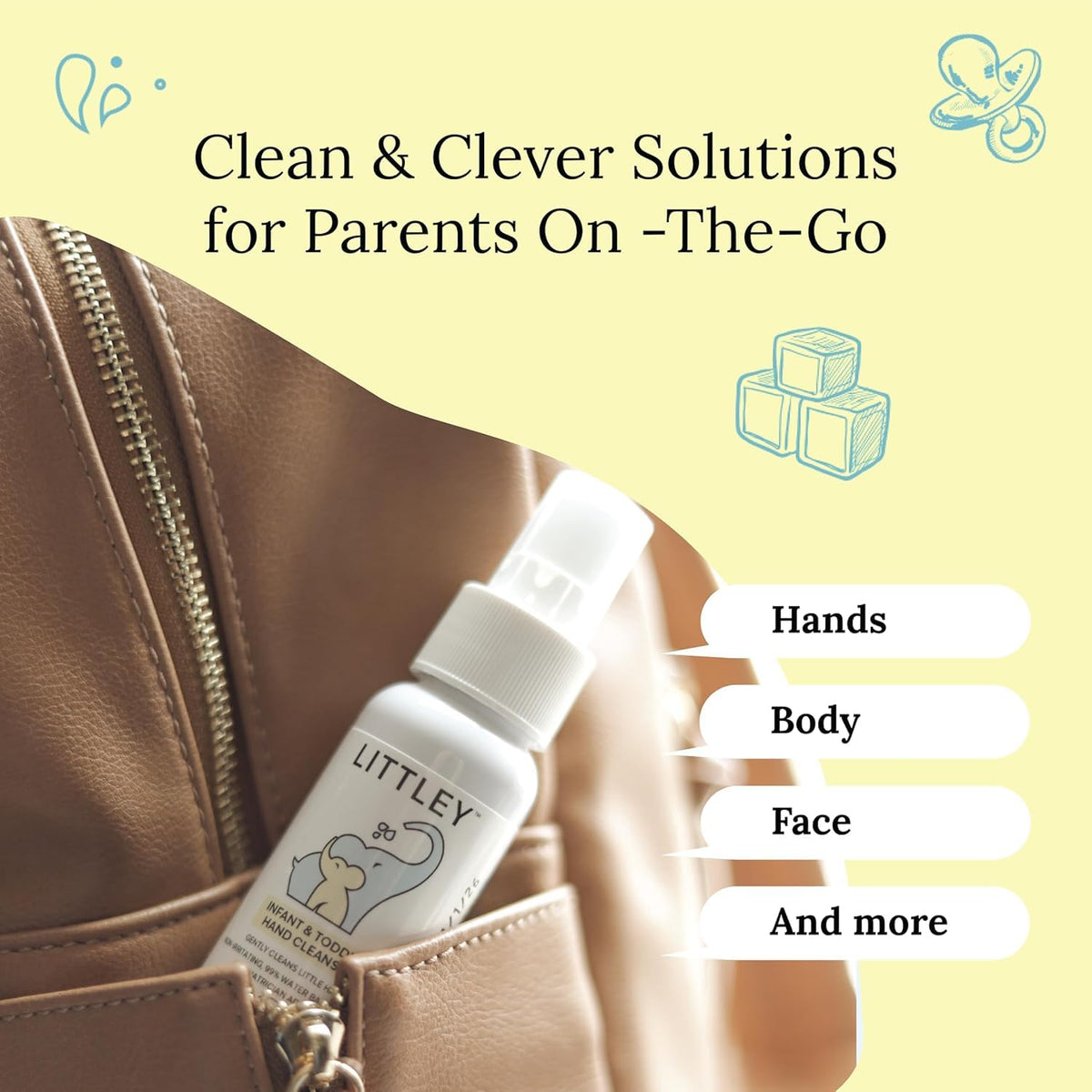 LITTLEY next to a toy for size comparison showing pocket-friendly 2 oz bottle