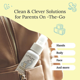 LITTLEY next to a toy for size comparison showing pocket-friendly 2 oz bottle