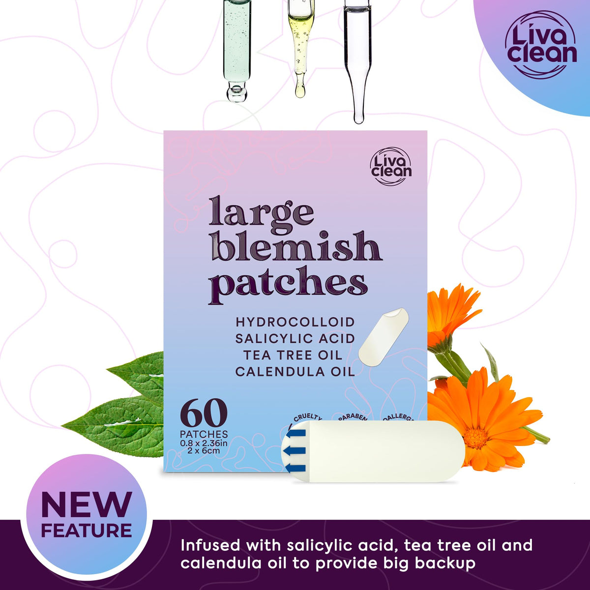 LivaClean open pack displaying 60 large pimple patches for full-face use