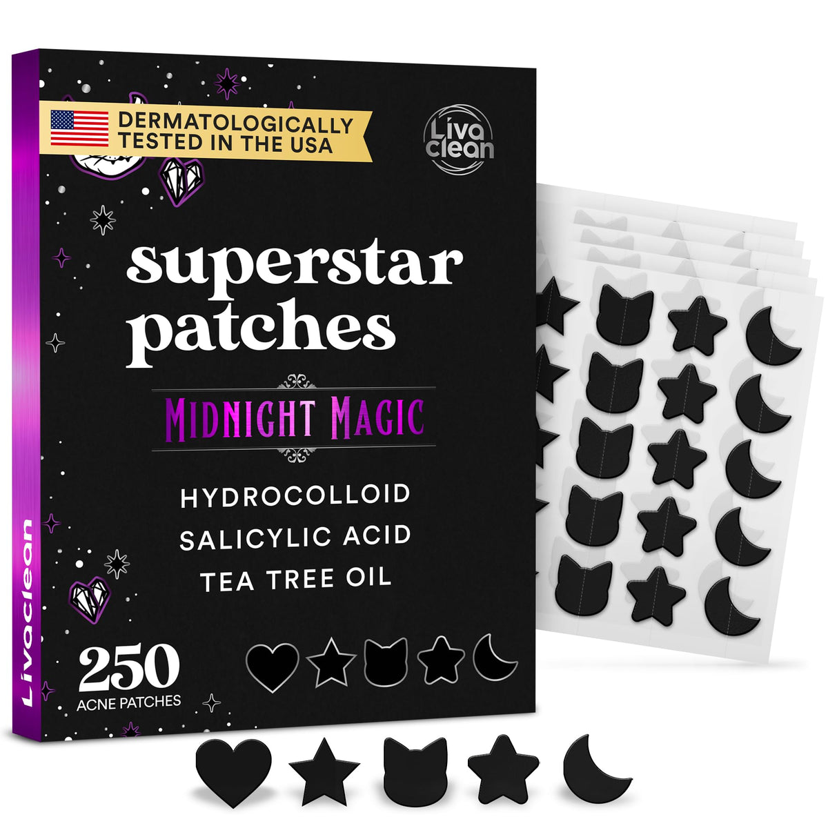 LivaClean front packaging showing 250 black star pimple patches and benefits