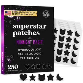 LivaClean front packaging showing 250 black star pimple patches and benefits