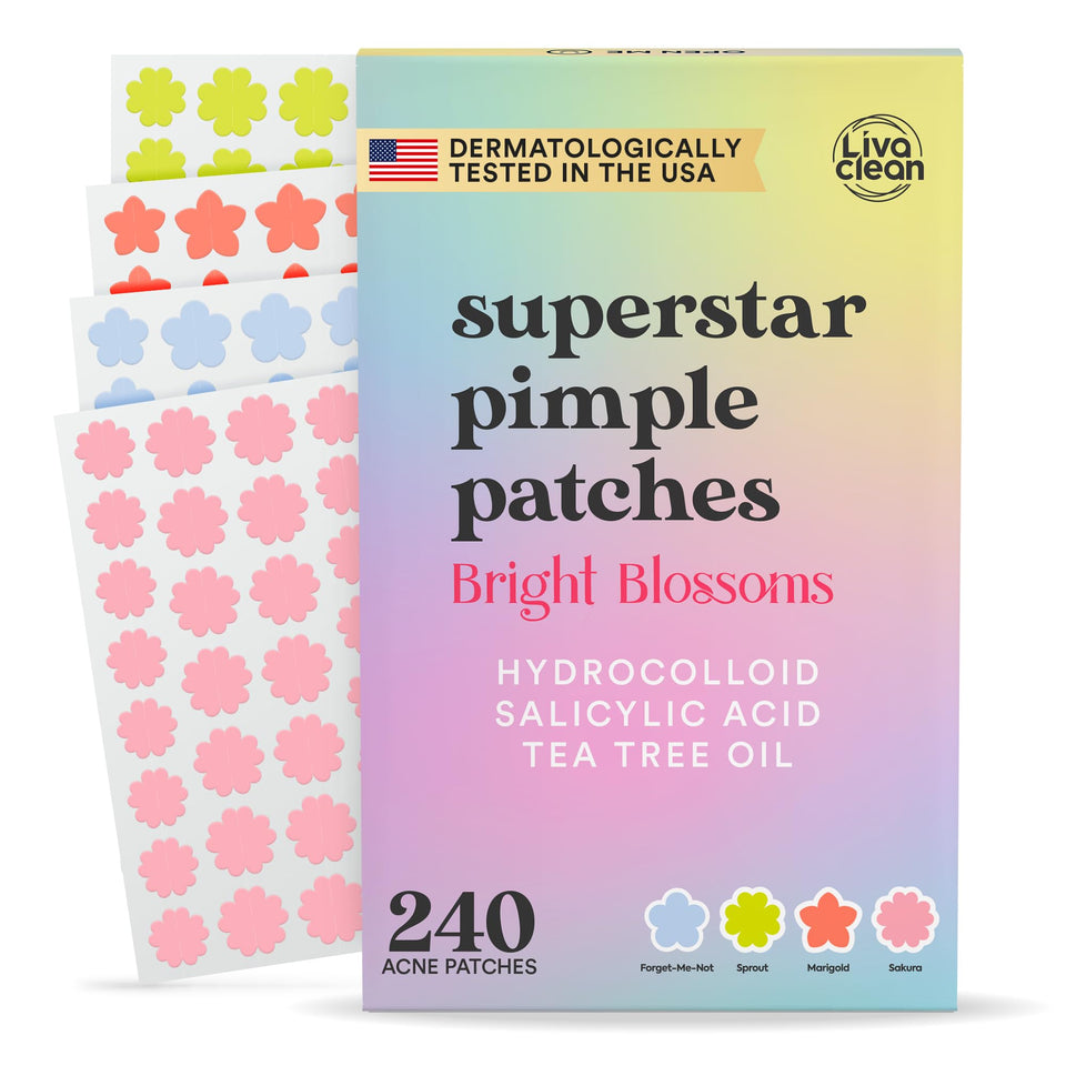 LivaClean front packaging showing 240 flower pimple patches and benefits