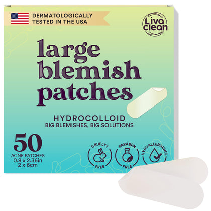 LivaClean front packaging showing 50 sterile large acne patches for convenience