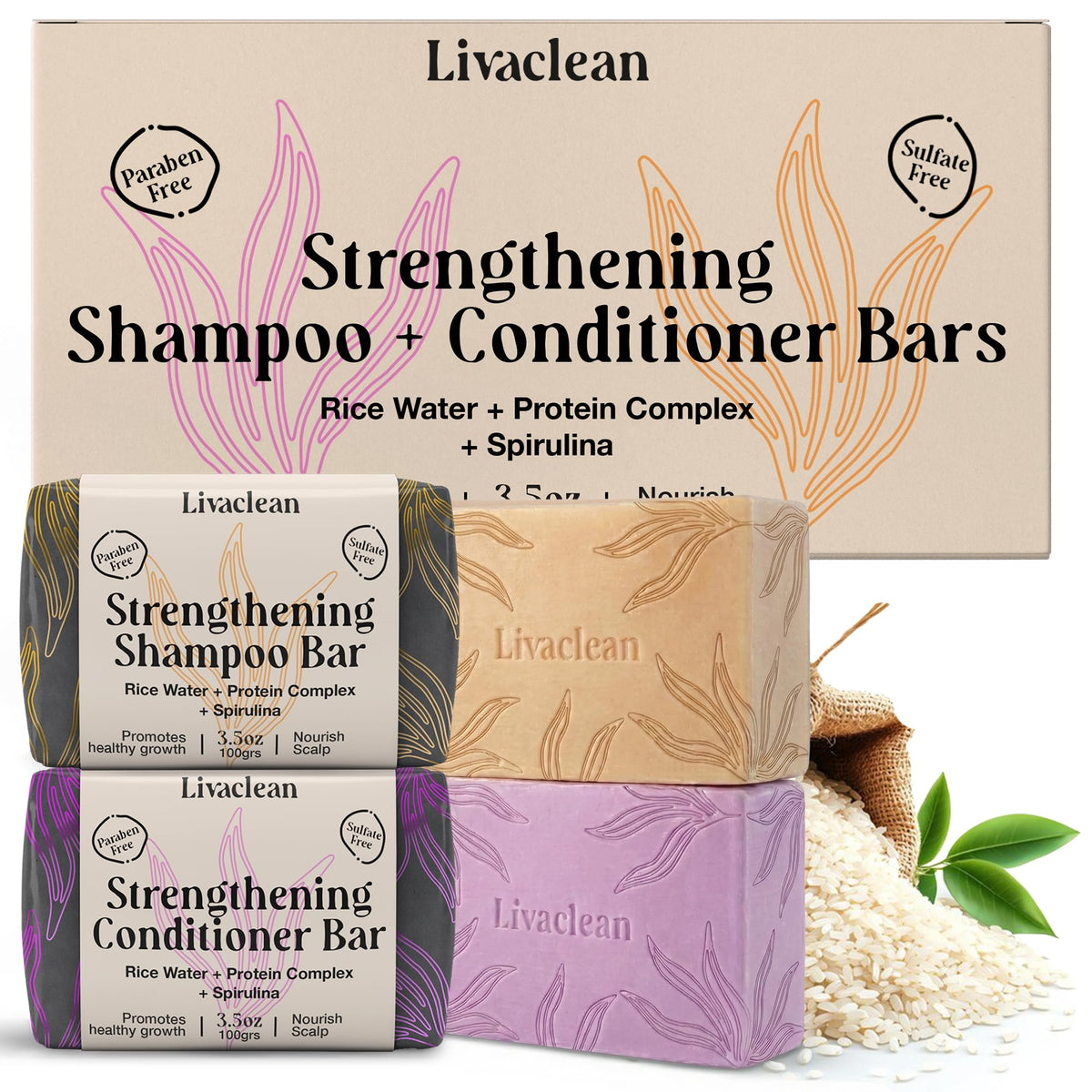 LivaClean front packaging showing two rice water bars and eco benefits