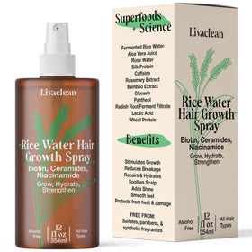 LivaClean front packaging showing rosemary rice water spray benefits