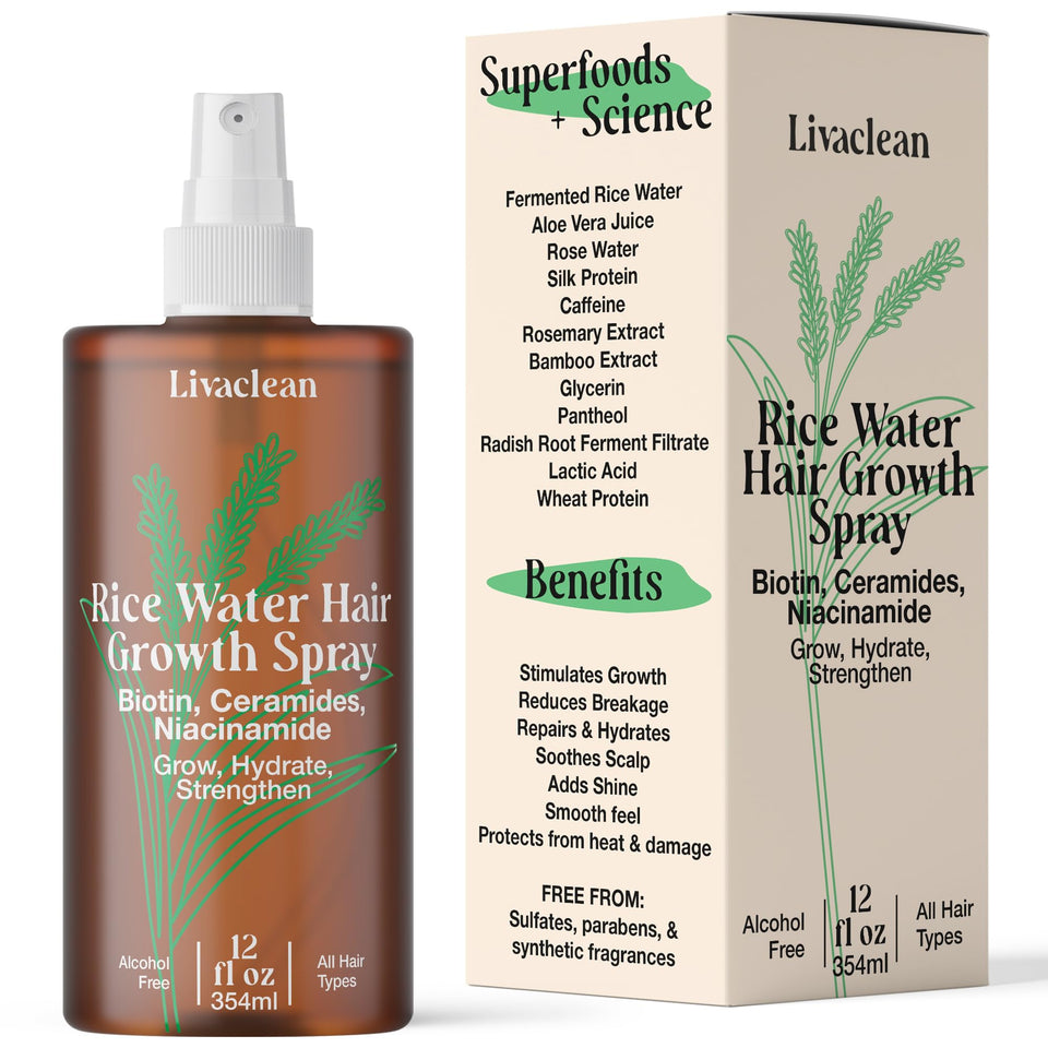LivaClean front packaging showing rosemary rice water spray benefits