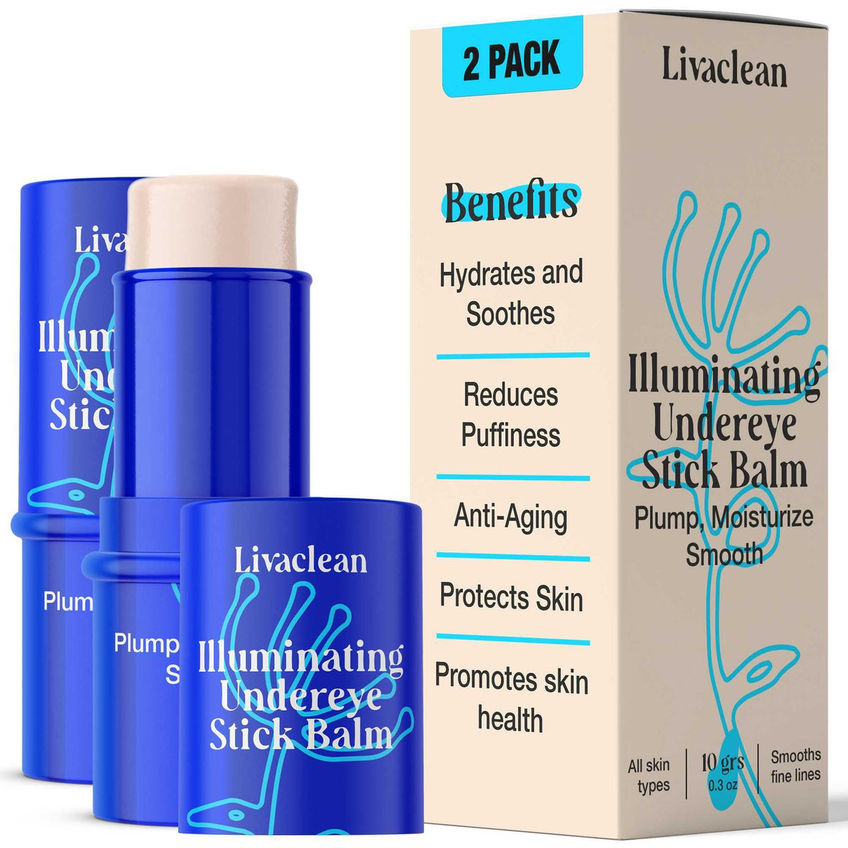 LivaClean front packaging showing two under eye balm sticks and benefits
