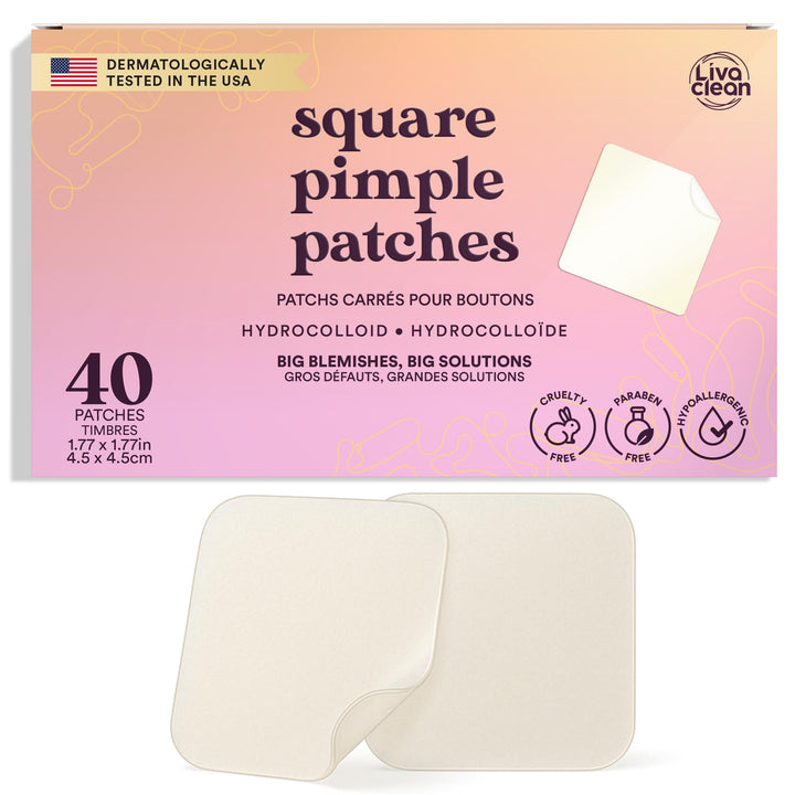 LivaClean front packaging showing 40 XL pimple patches and benefits
