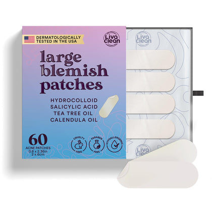 LivaClean front packaging showing large hydrocolloid pimple patch benefits