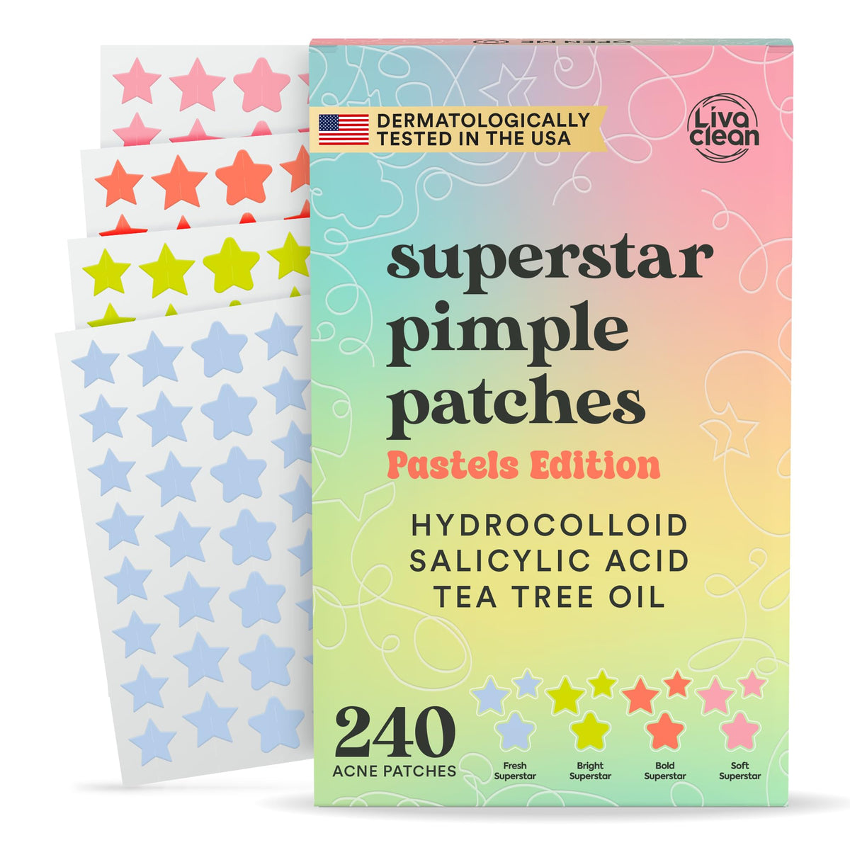 LivaClean front packaging showing 240-count cute pimple patches and colors