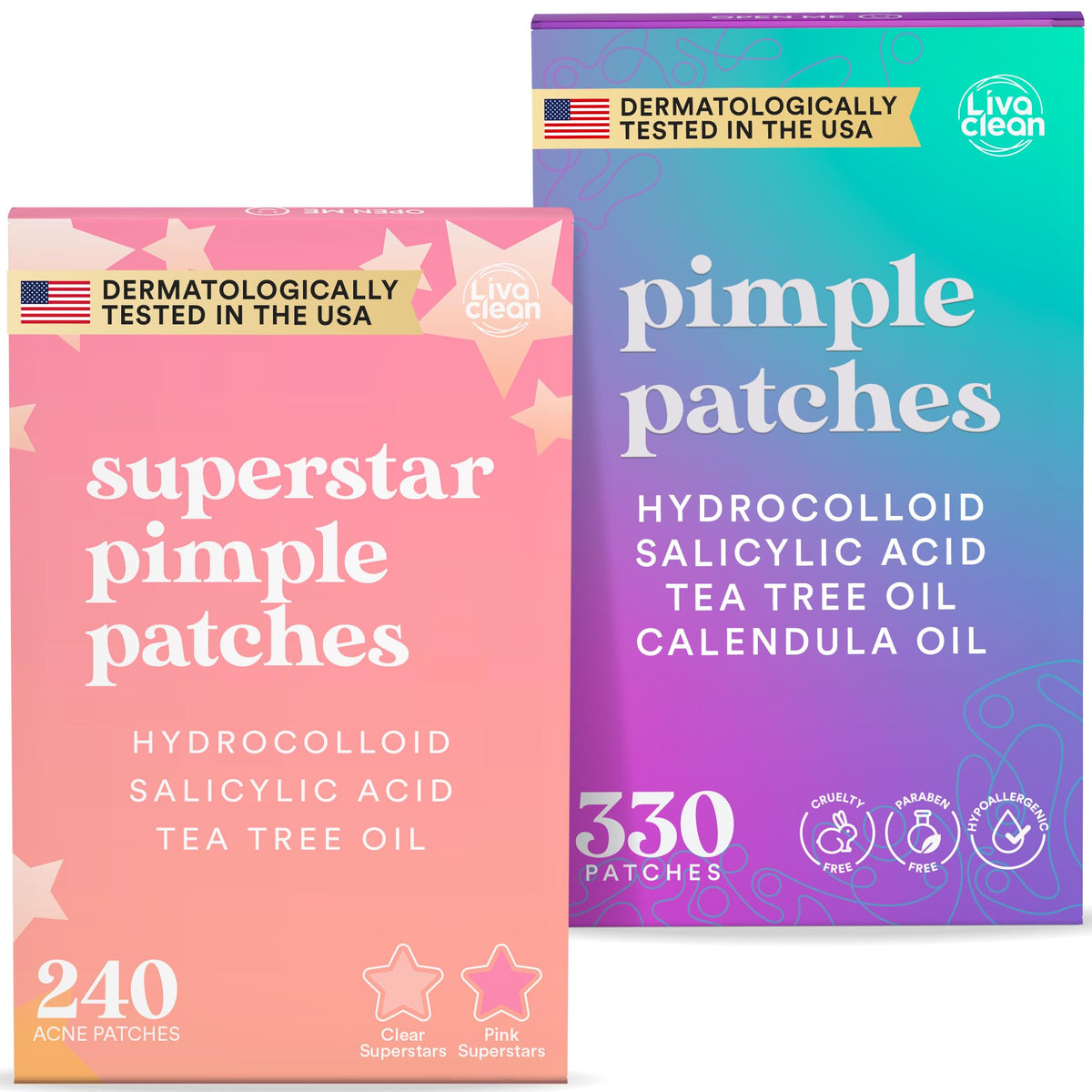 LivaClean front packaging showing 570-piece acne patch bundle and benefits