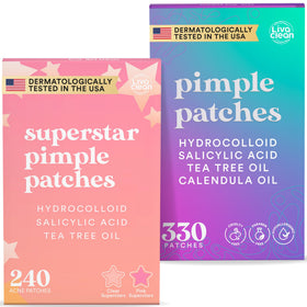LivaClean front packaging showing 570-piece acne patch bundle and benefits