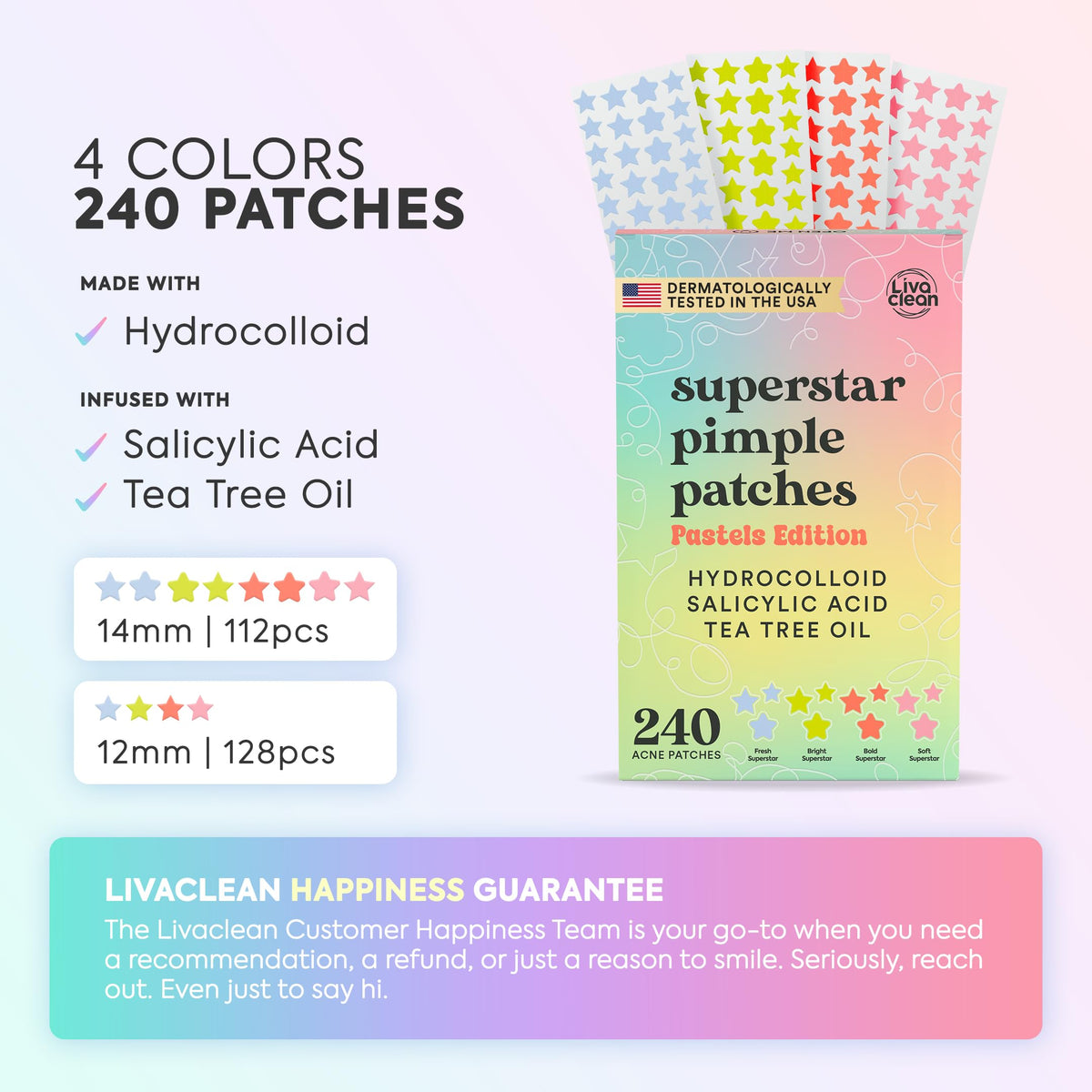 LivaClean star patches close-up displaying thin hydrocolloid texture and coverage