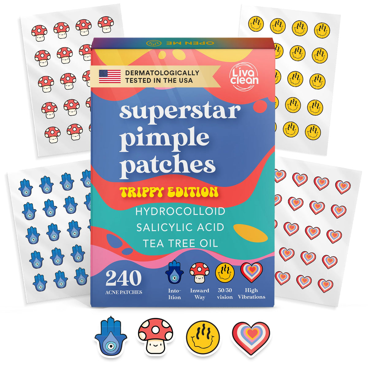 LivaClean front packaging showing 240-count trippy edition patches for reliable overnight protection