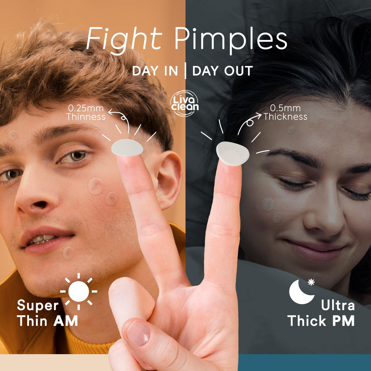 LivaClean patches on chin and forehead in lifestyle shot, reduces picking