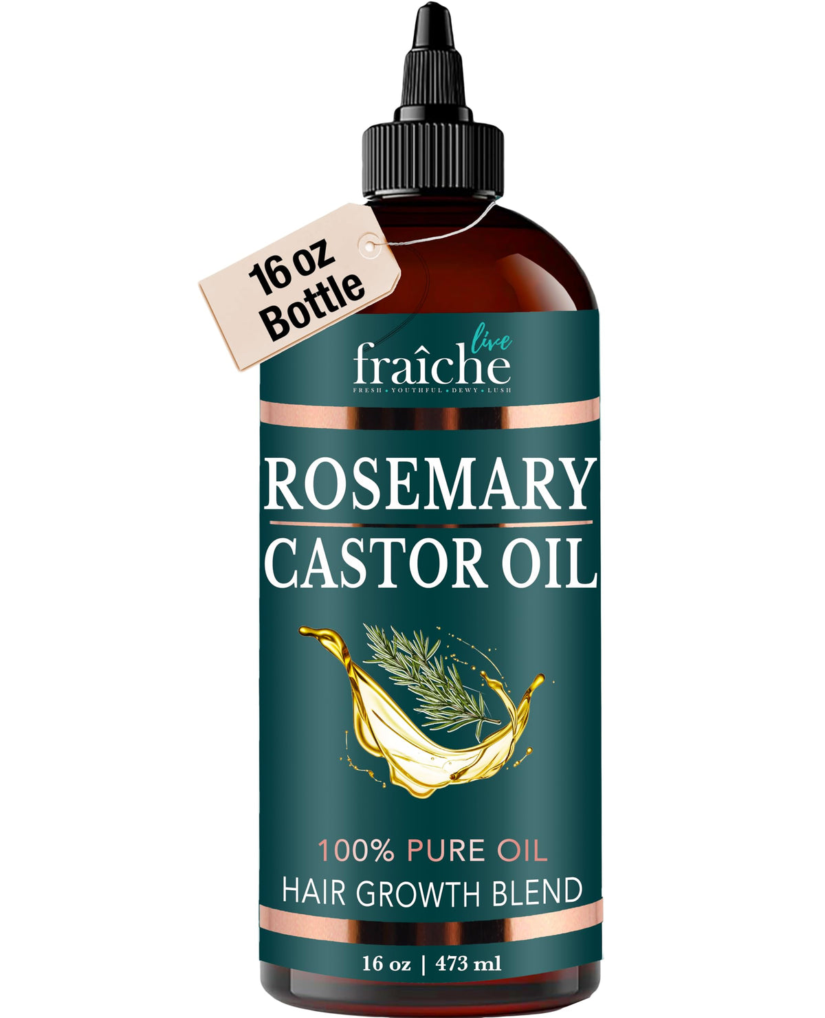 Live Fraiche front bottle showing rosemary castor 16oz and clear benefits