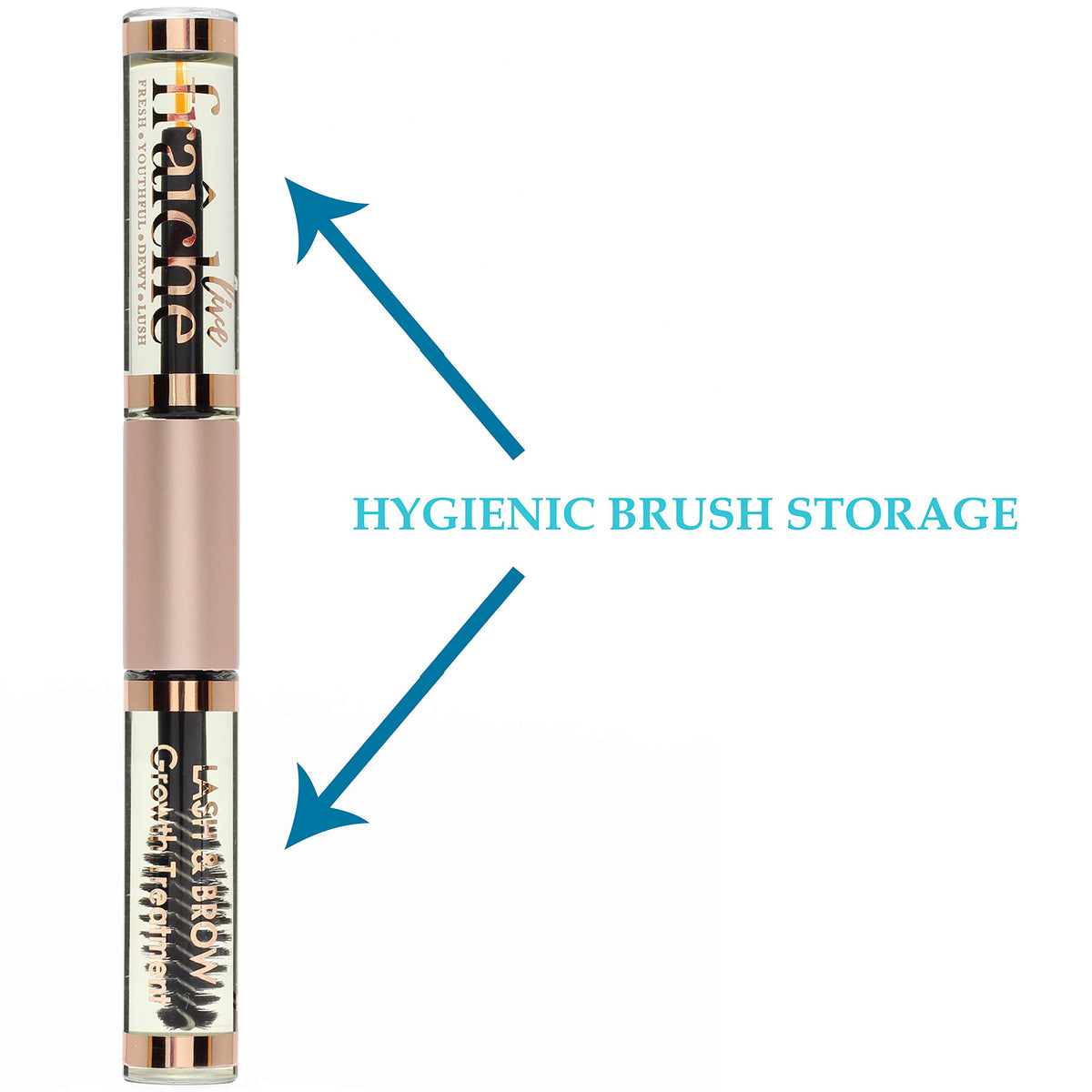 Live Fraiche tube beside makeup bag showing compact size for travel