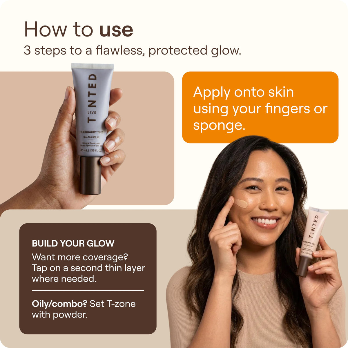 Live Tinted Hueguard label detail emphasizing SPF 50 and clean ingredients