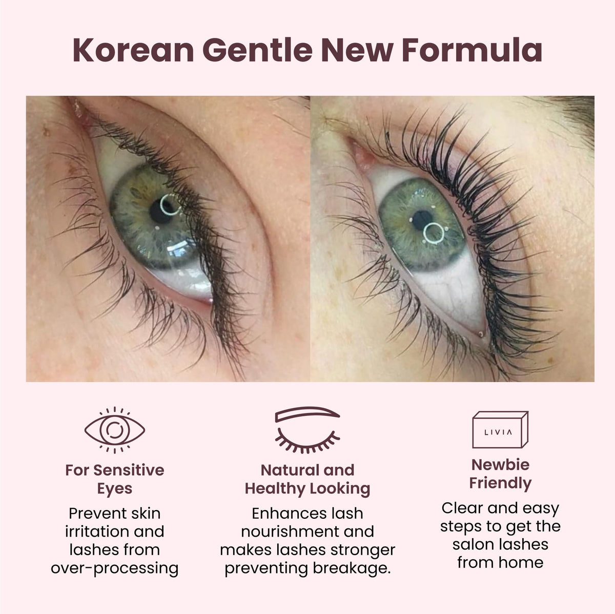 LIVIA before and after lashes comparison showing darker lashes and time-saving benefit
