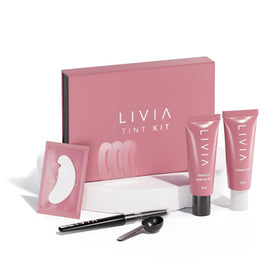 LIVIA front packaging showing the black eyelash and eyebrow color set with clear kit benefit