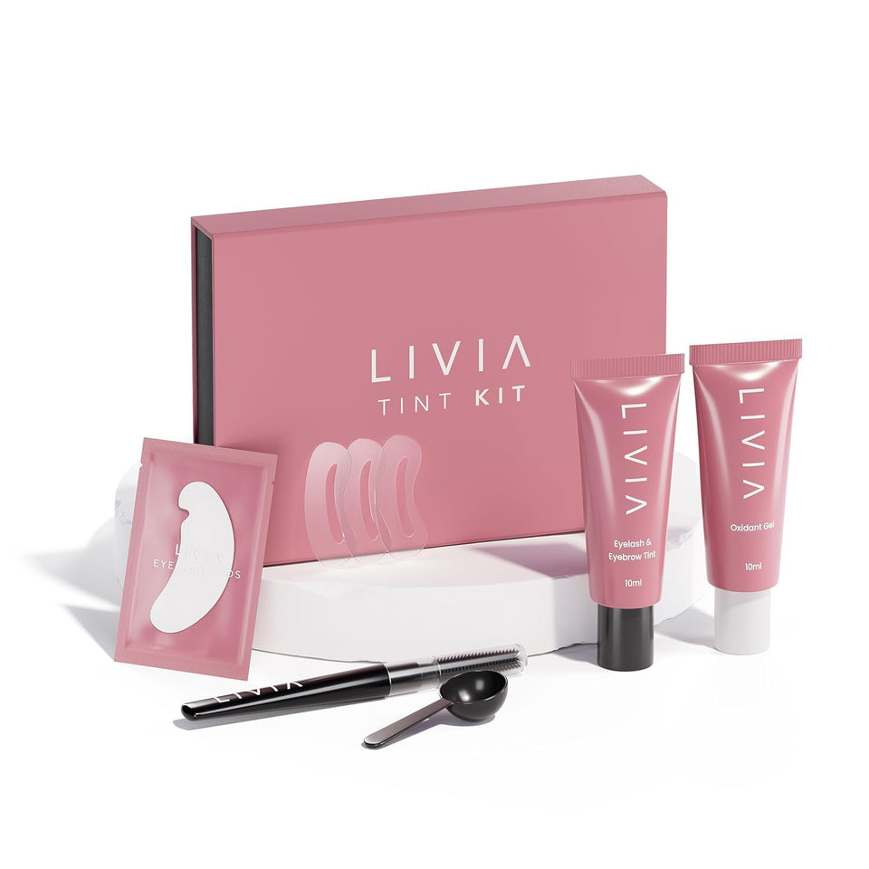 LIVIA front packaging showing the black eyelash and eyebrow color set with clear kit benefit