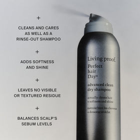 Living Proof spraying dry shampoo at roots showing quick refresh benefit