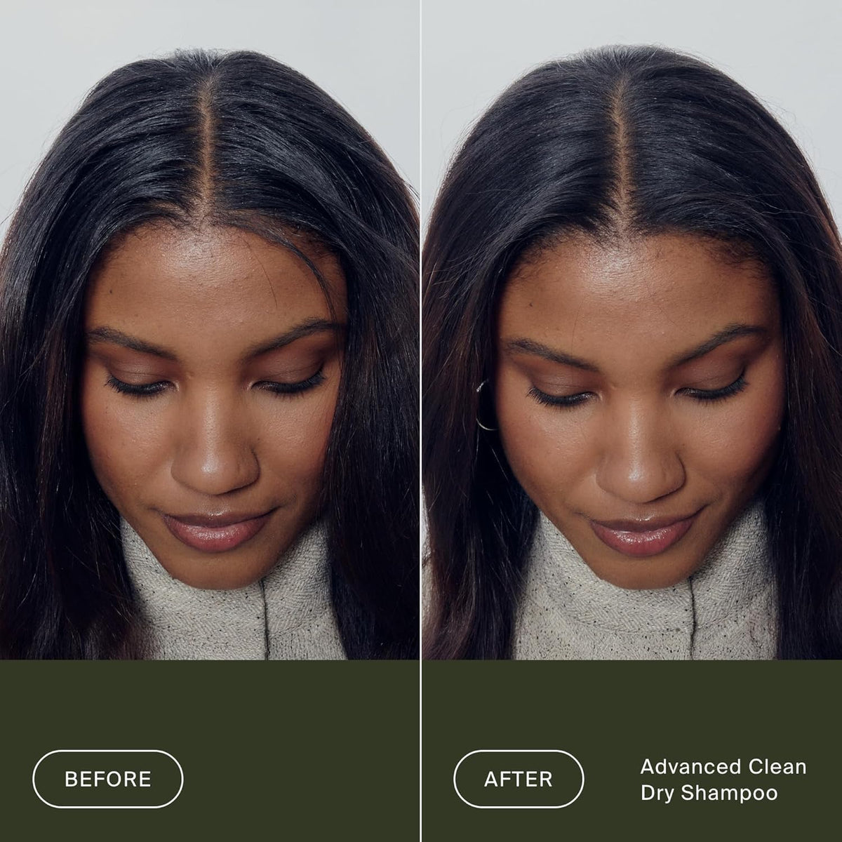 Living Proof before and after roots comparison showing reduced oil and volume