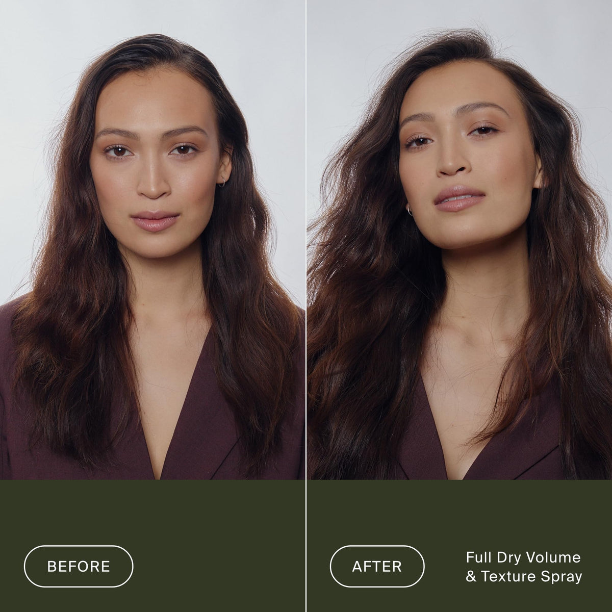 Living Proof before and after volume comparison showing fuller-looking hair