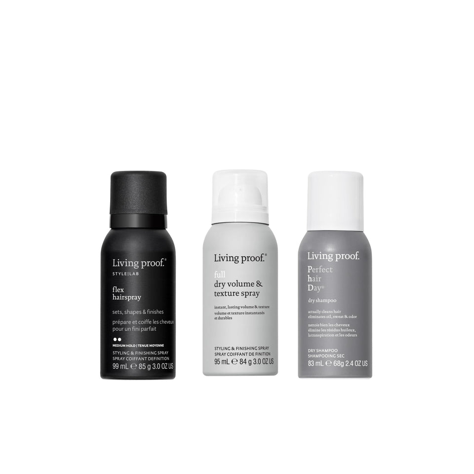 Living Proof bundle front packaging showing compact travel bottles and value
