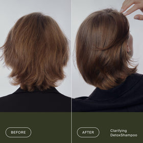 Living Proof label detail highlighting clarifying and anti-mineral benefits
