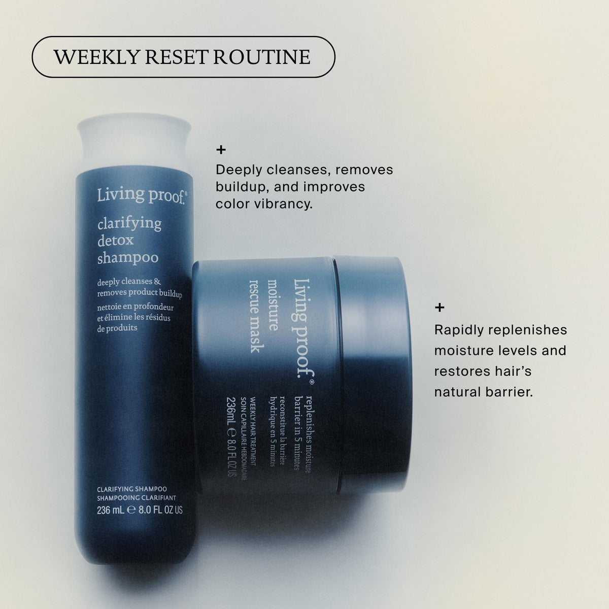 Living Proof bottle in bathroom setting conveying everyday cleansing ritual