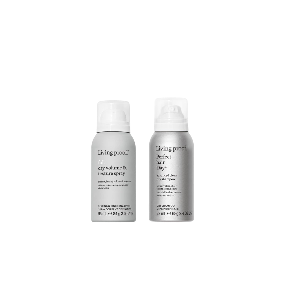 Living Proof front packaging bundle showing travel-ready styling duo benefit