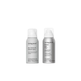 Living Proof front packaging bundle showing travel-ready styling duo benefit