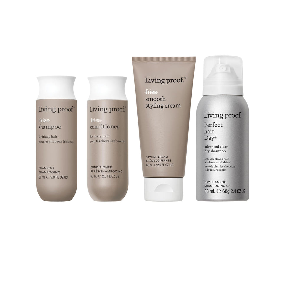 Living Proof front packaging showing travel-size frizz kit for easy packing and testing