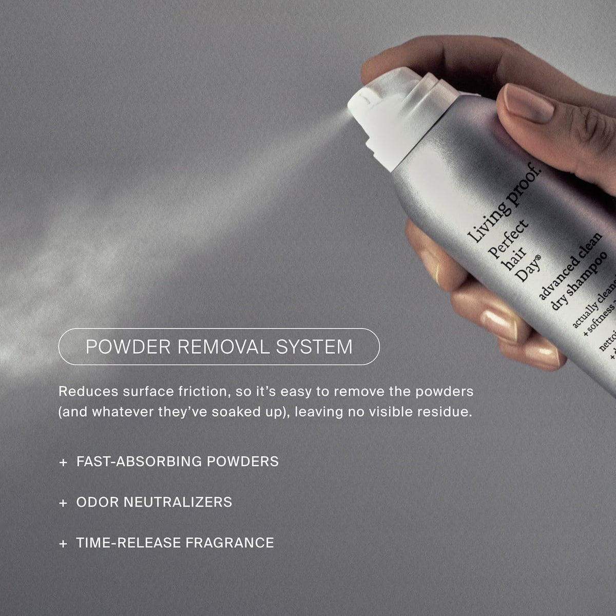 Living Proof bottle in hand to show 2.4 oz scale and portability advantage