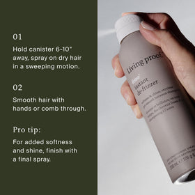 Living Proof finished hairstyle in lifestyle setting with added shine