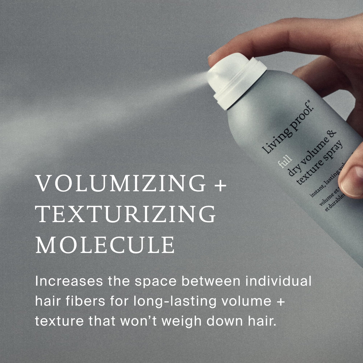Living Proof size scale next to hand illustrating convenient 7.5 oz portability