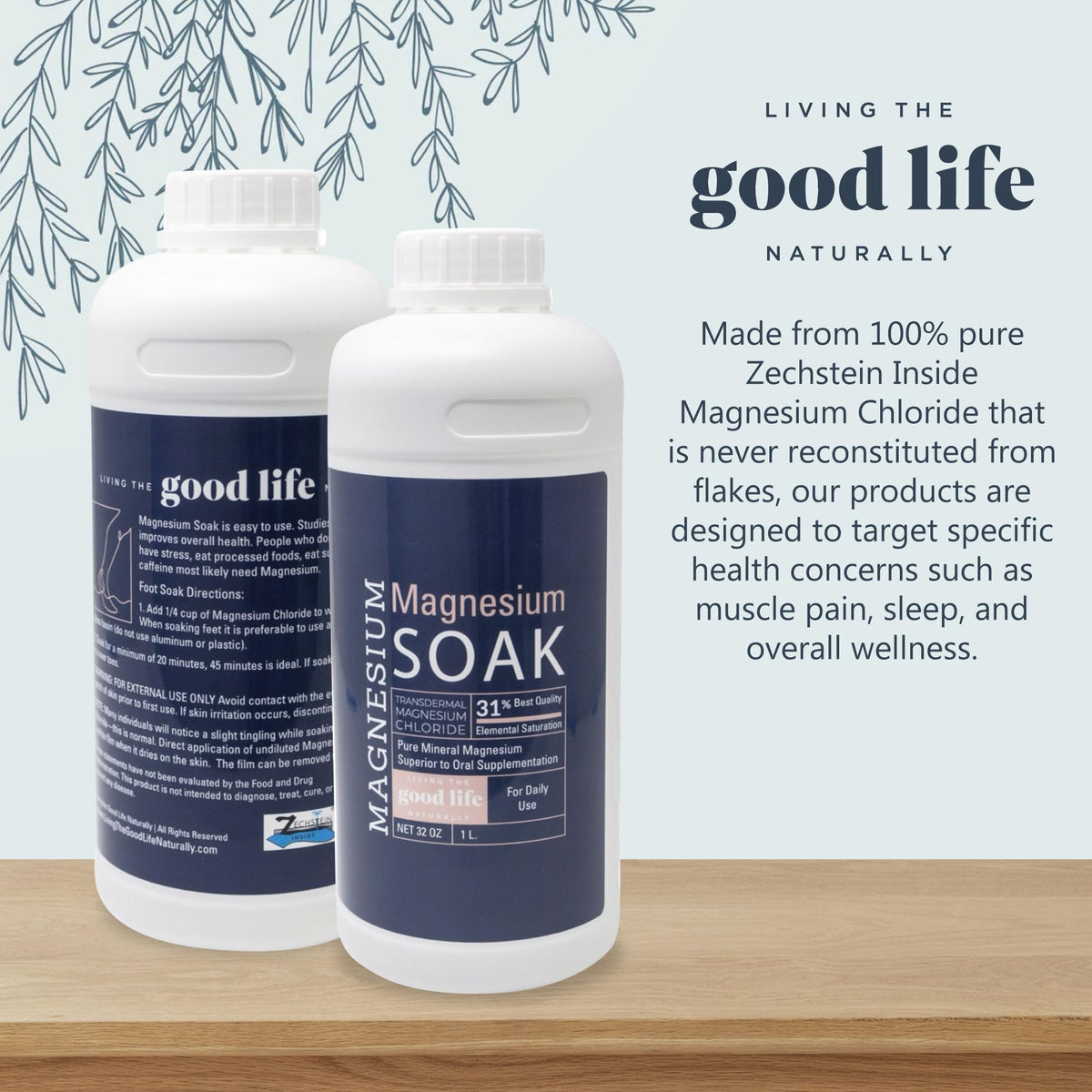 Living the Good Life Naturally bottle beside bathtub demonstrating relaxing soak