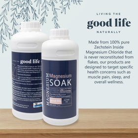 Living the Good Life Naturally bottle beside bathtub demonstrating relaxing soak