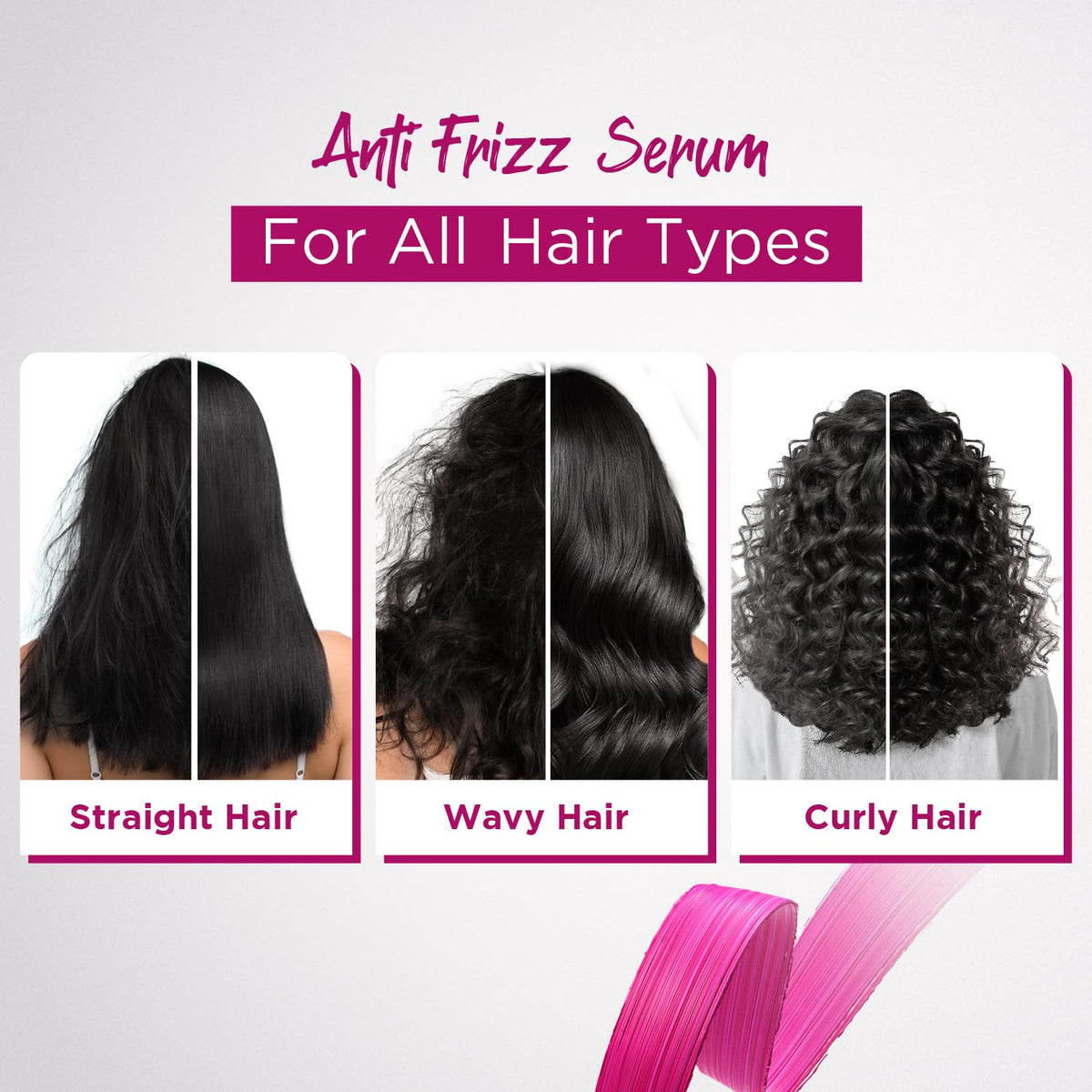 Before and after hair comparison with Livon serum showing reduced frizz and shine