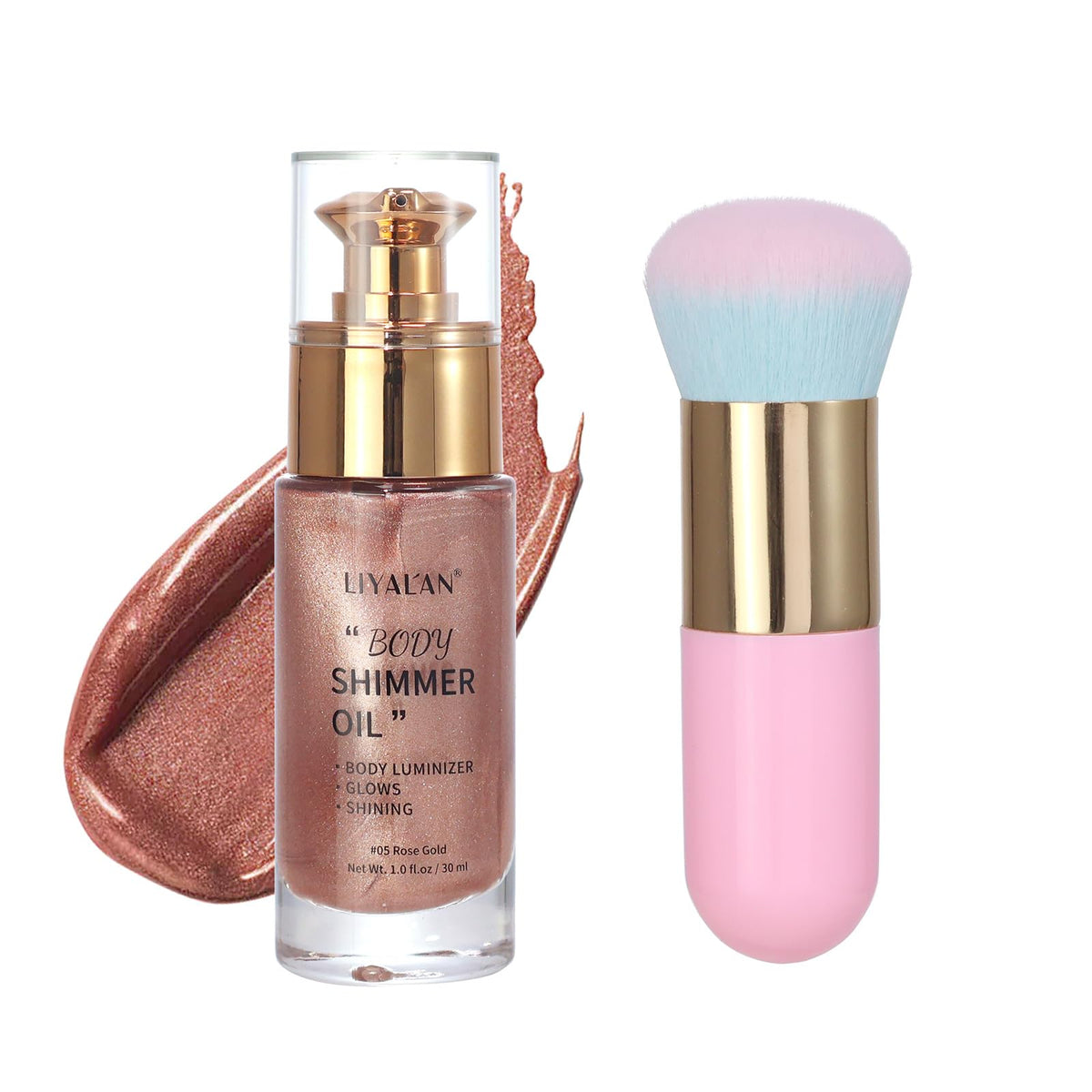 LIYALAN front bottle showing rose gold shimmer and compact size benefit