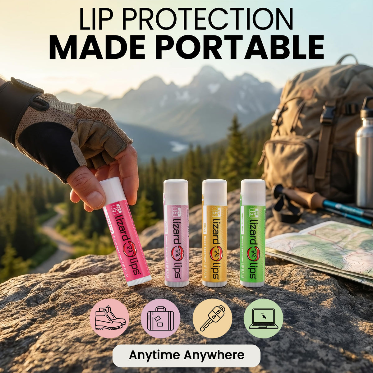 LizardLips applied at beach lifestyle scene demonstrating sun protection benefit