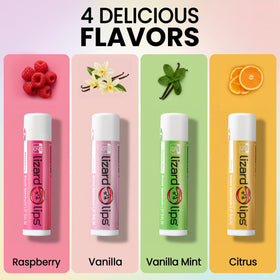 LizardLips flavor lineup of Vanilla Vanilla Mint Raspberry Citrus for choice