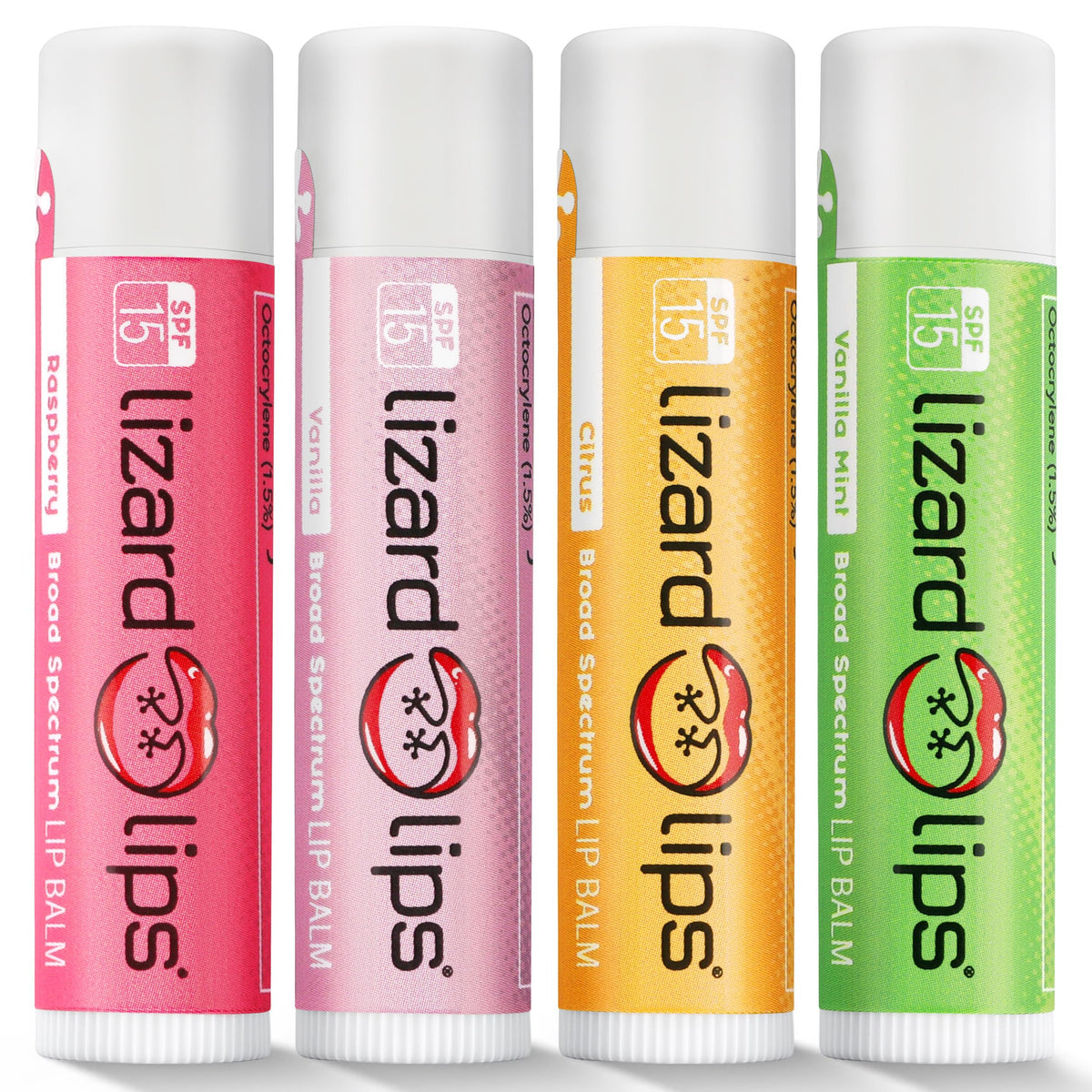 LizardLips front packaging showing four-flavor variety and SPF 15 protection