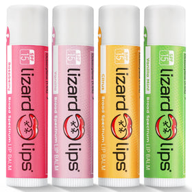 LizardLips front packaging showing four-flavor variety and SPF 15 protection