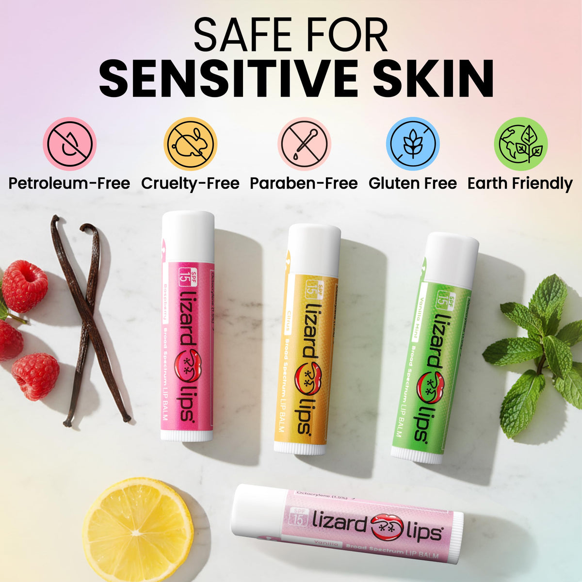 LizardLips label closeup with ingredients list illustrating natural-derived formula