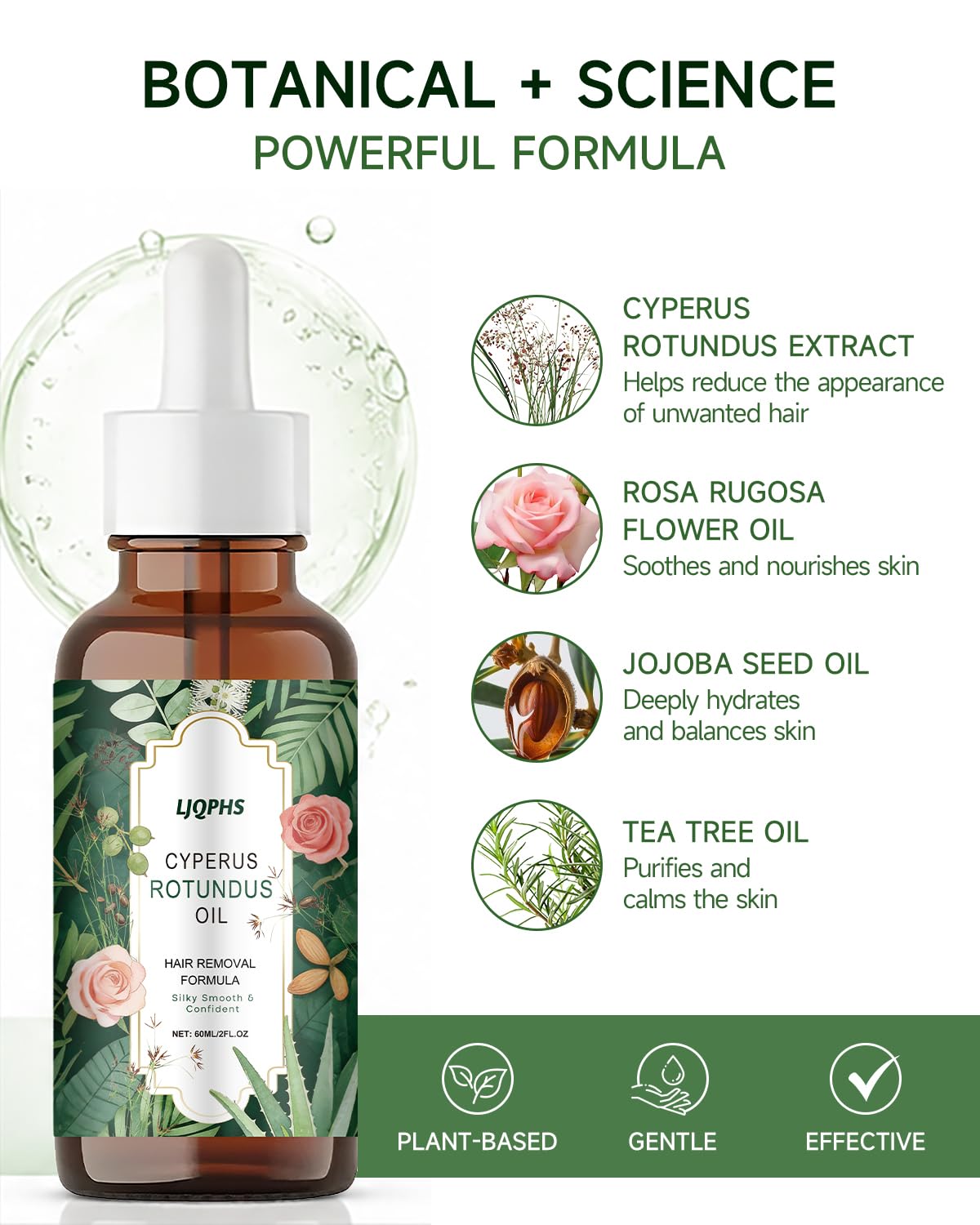 LJQPHS ingredients flatlay with jojoba and aloe highlighting natural blend benefit